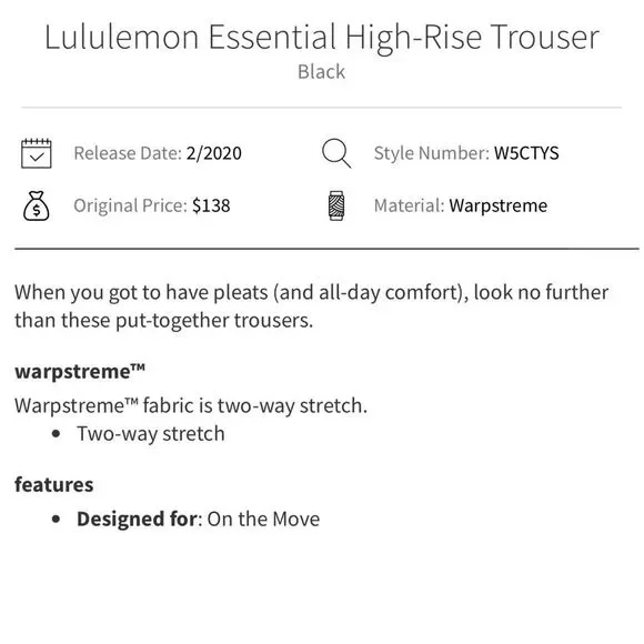 Lululemon NWOT Essential High-Rise Trouser in Black Size 8 - Picture 8 of 8